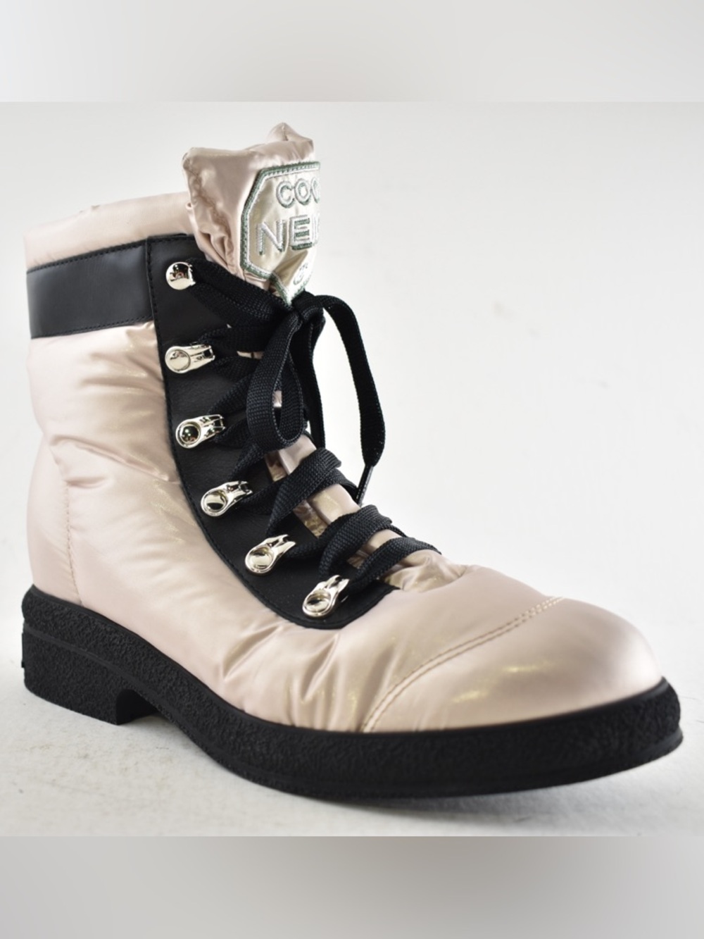 Chanel 18B Coco Neige Pink Black CC Logo Snow Winter Lace Up Tie Combat Boots 37 - Picture 4 of 16